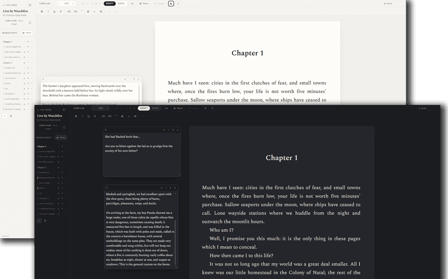 The Novelmetrics editor in light and dark, with floating notes over a manuscript.